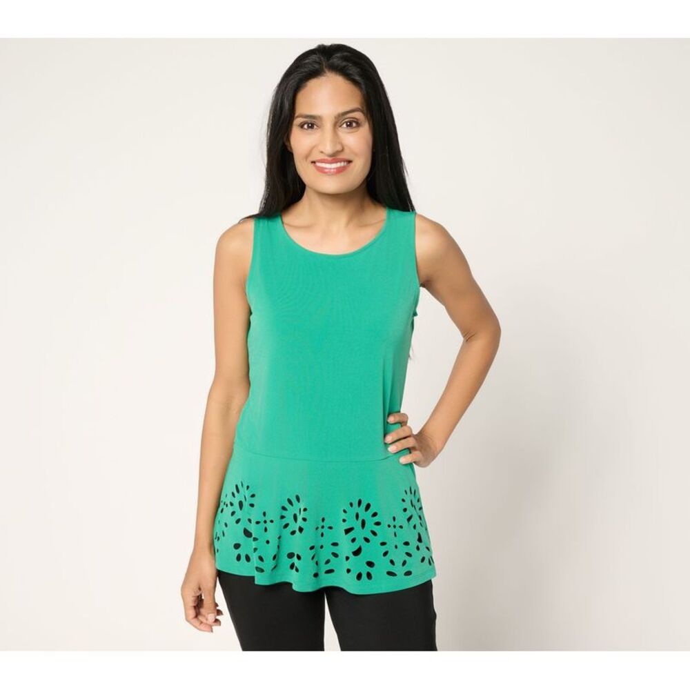 Top Knot Women's Sz S Liquid Knit Sleeveless Peplum Laser Cut Hem Green A692158